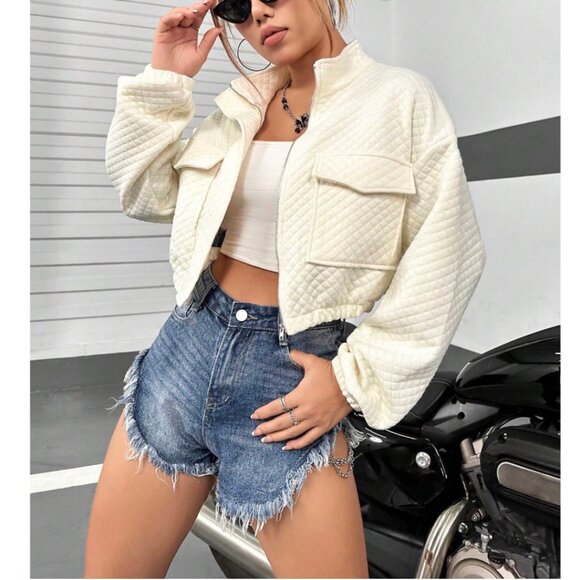 Flap Pocket Drop Shoulder Zip Up Crop Jacket - Picture 1 of 7
